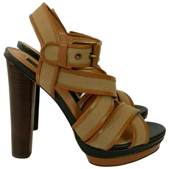 Ann Taylor Shoes - Ann Taylor Canvas Leather Heels Size 9 M Brown Tan Woven Straps Platform
